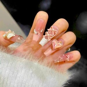 [PRESS ON NAILS] 10 pcs French Pink and White Cute Bear Ribbon Y2k Ballet Nails